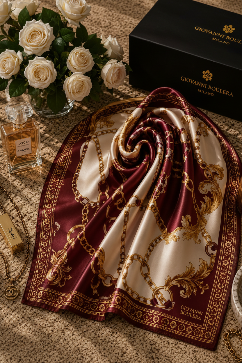 Kırmızı zincir desenli Giovanni Boulera 90x90 cm %100 Mulberry Twill ipek eşarp