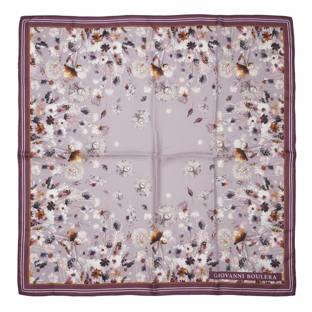 Menekşe Düşü Desenli %100 Mulberry Twill İpek Eşarp 90x90 cm