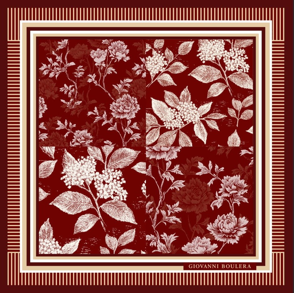 Bordo Çiçek Desenli Mulberry Twill İpek Fular Şal Giovanni Boulera 4100365-F 65cmx65cm
