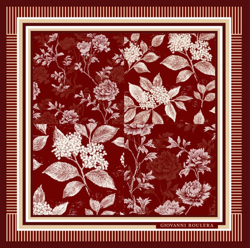 Bordo Çiçek Desenli Mulberry Twill İpek Fular Şal Giovanni Boulera 4100365-F 65cmx65cm