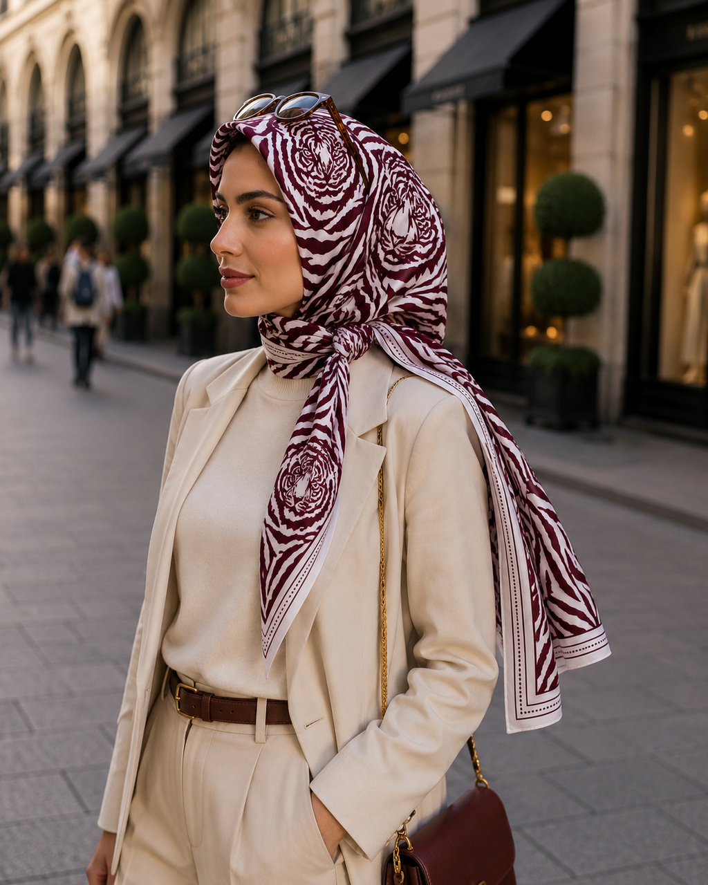 Premium tonlarıyla tasarlanan bu seçkin eşarp, etkileyici desenleri ve büyüleyici figürleriyle sofistike bir görünüm sunar. Güçlü renk geçişleri ve modern detaylarla zenginleştirilen tasarımı, stiline zarafet katmak isteyen kadınlar için benzersiz bir seçim oluşturur.

Yüksek kaliteli kumaşı sayesinde son derece yumuşak, hafif ve konforlu bir kullanım sağlayan bu özel aksesuar; günlük kombinlerden davet şıklığına kadar her stile kusursuz şekilde uyum sağlar. 90 cm x 90 cm