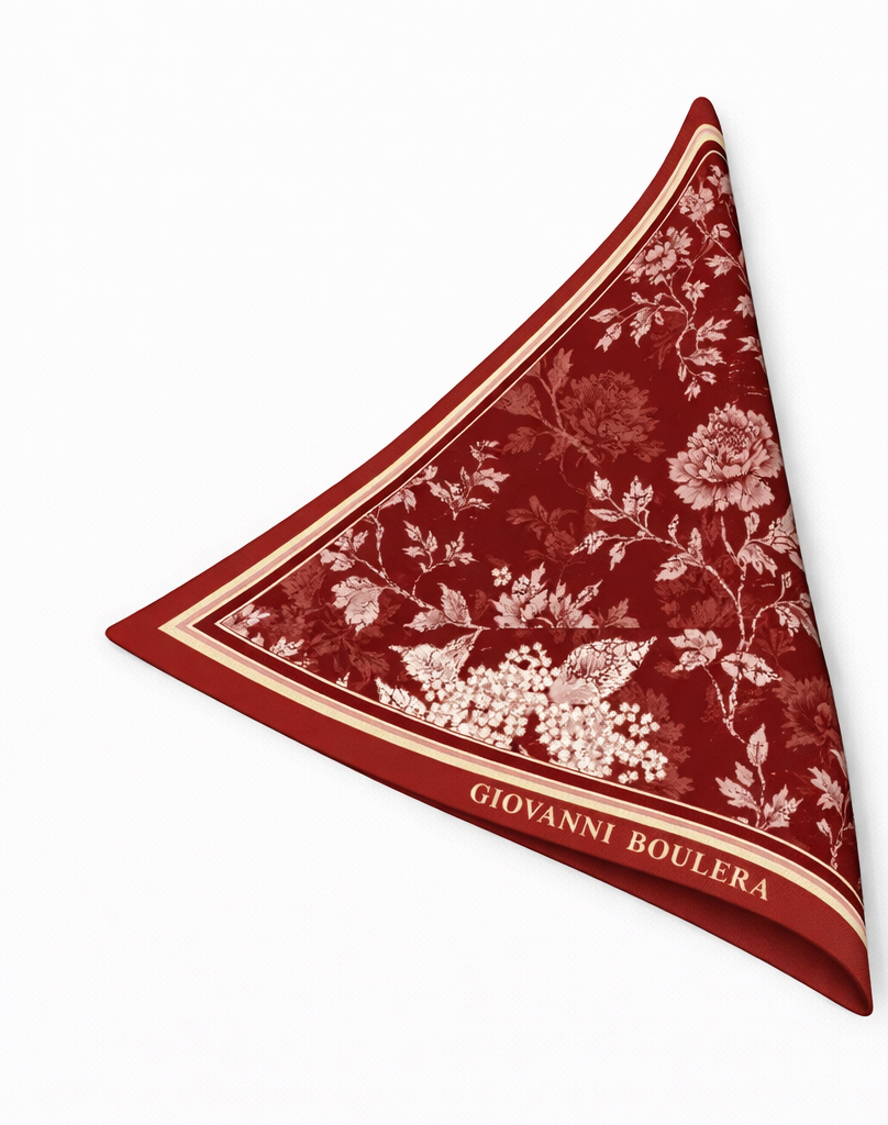 Bordo Çiçek Desenli Mulberry Twill İpek Fular Şal Giovanni Boulera 4100365-F 65cmx65cm