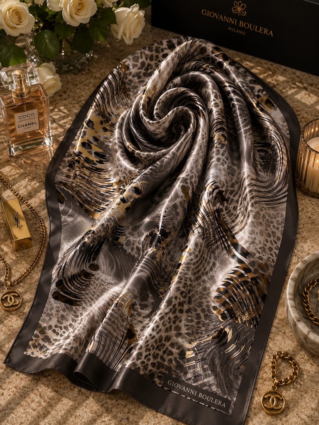 Leopar desenli premium tonlarıyla tasarlanan bu seçkin eşarp, etkileyici desenleri ve büyüleyici figürleriyle sofistike bir görünüm sunar. Güçlü renk geçişleri ve modern detaylarla zenginleştirilen tasarımı, stiline zarafet katmak isteyen kadınlar için benzersiz bir seçim oluşturur.

Yüksek kaliteli kumaşı sayesinde son derece yumuşak, hafif ve konforlu bir kullanım sağlayan bu özel aksesuar; günlük kombinlerden davet şıklığına kadar her stile kusursuz şekilde uyum sağlar. 90 cm x 90 cm ölçüleri sayesinde f