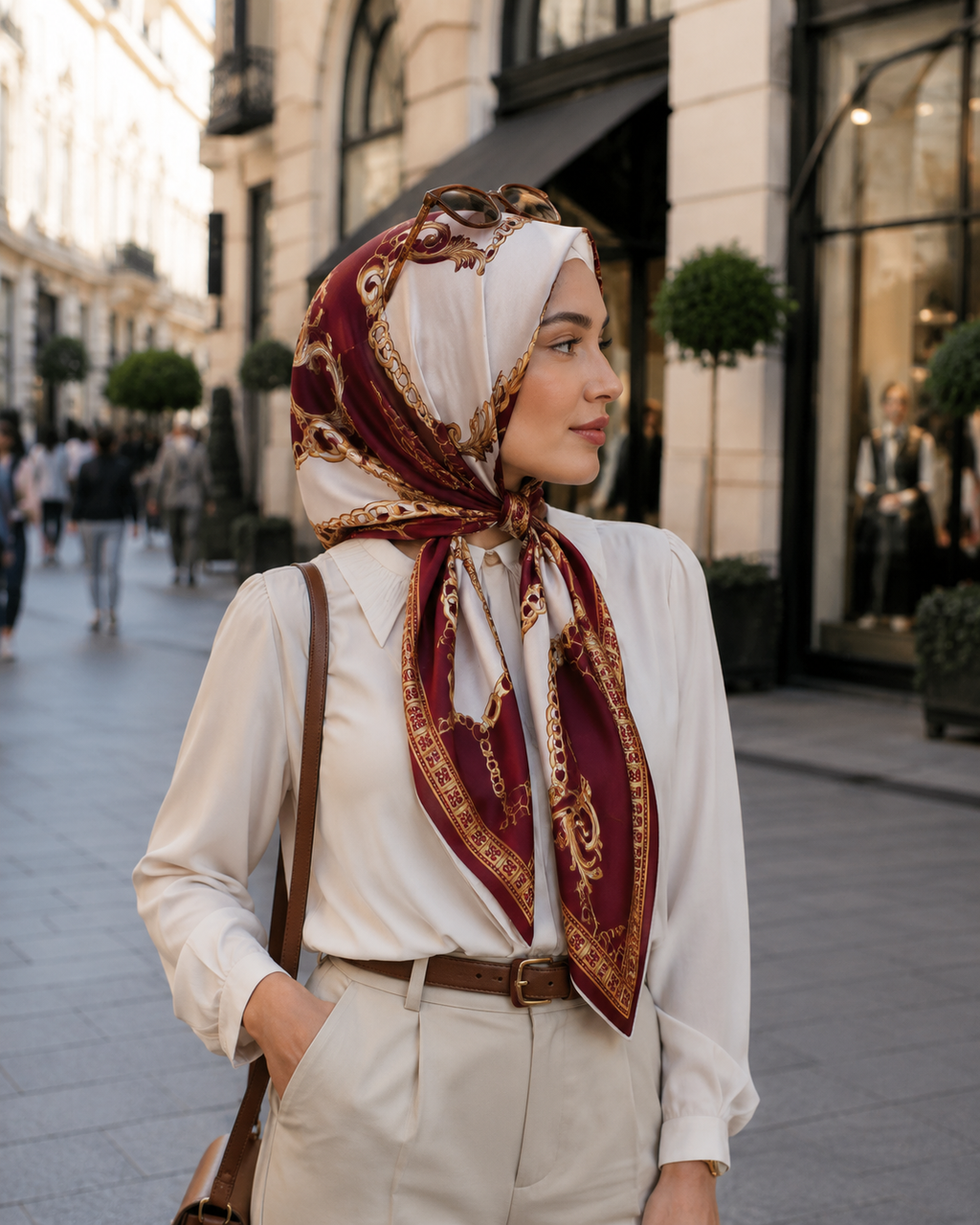 Kırmızı zincir desenli Giovanni Boulera 90x90 cm %100 Mulberry Twill ipek eşarp