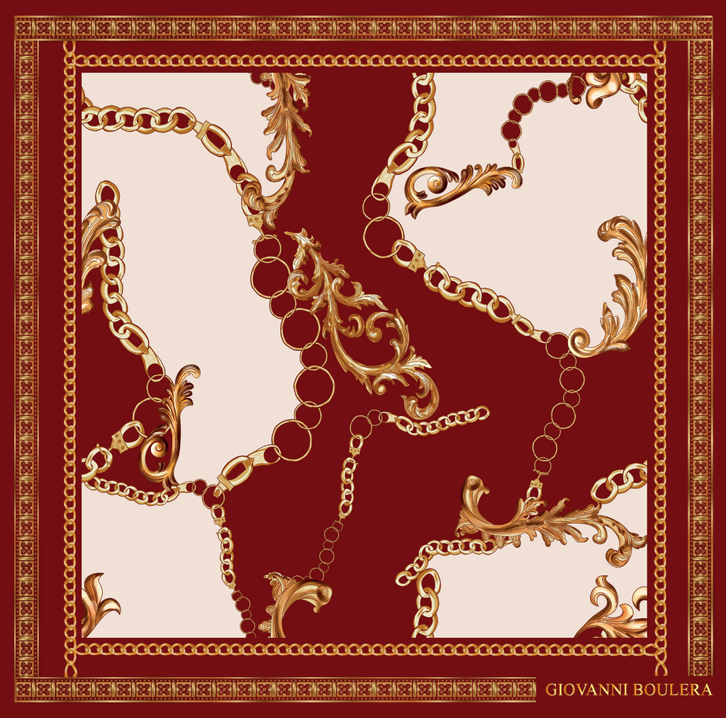 Kırmızı zincir desenli Giovanni Boulera 90x90 cm %100 Mulberry Twill ipek eşarp