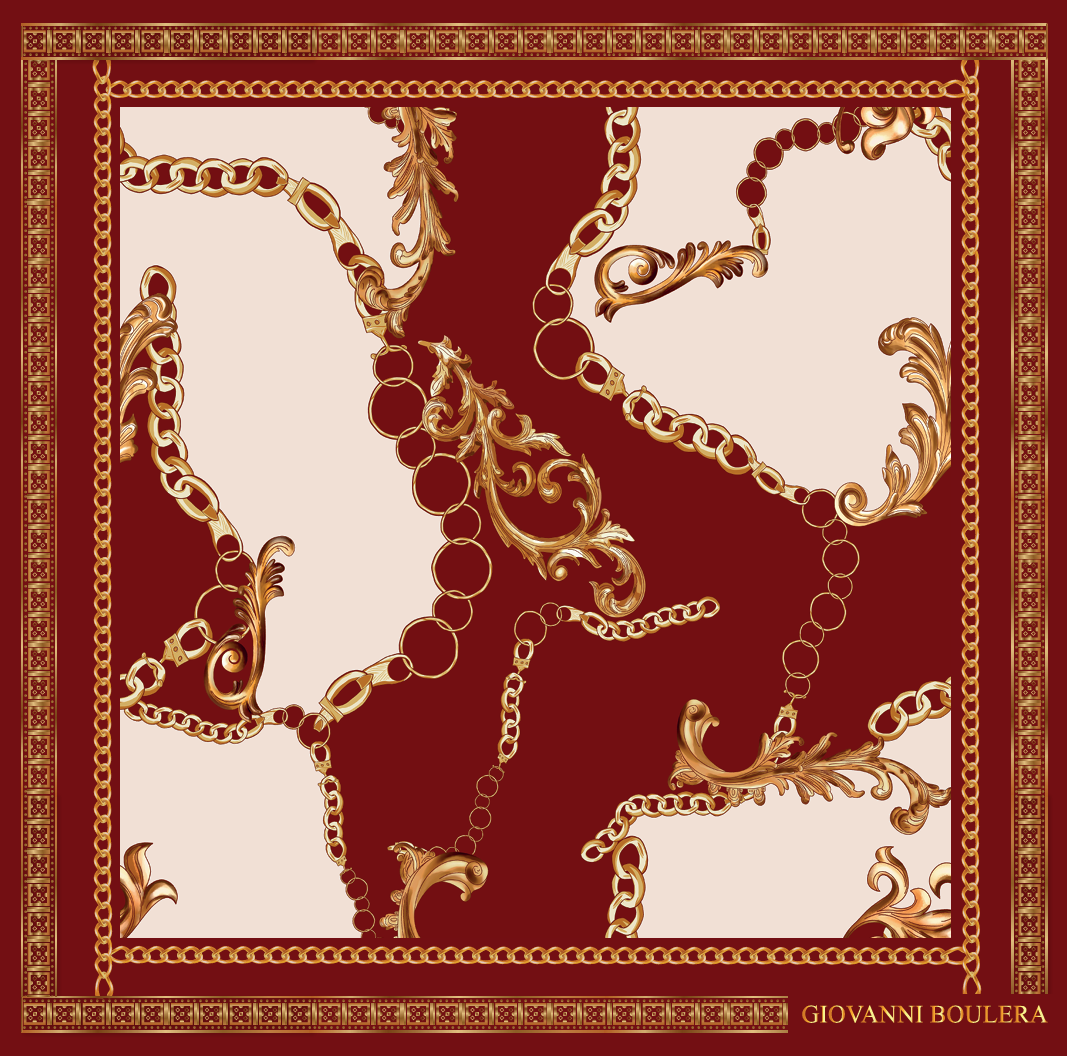 Kırmızı zincir desenli Giovanni Boulera 90x90 cm %100 Mulberry Twill ipek eşarp