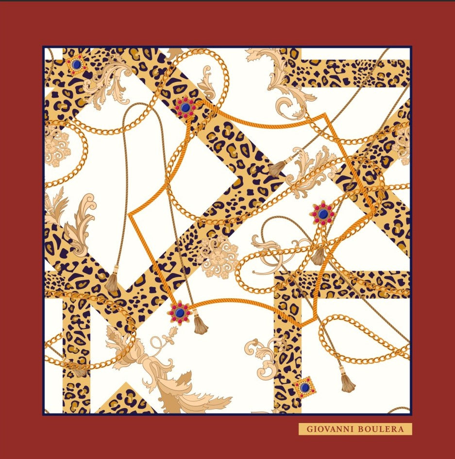 Leopar Altın Zincir Desenli İpek Eşarp Giovanni Boulera 4302065 65cmx65cm