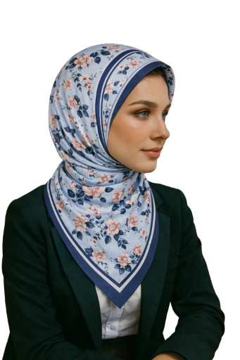 Mavi Çiçek Desenli İpek Eşarp Giovanni Boulera 4302865 65cmx65cm