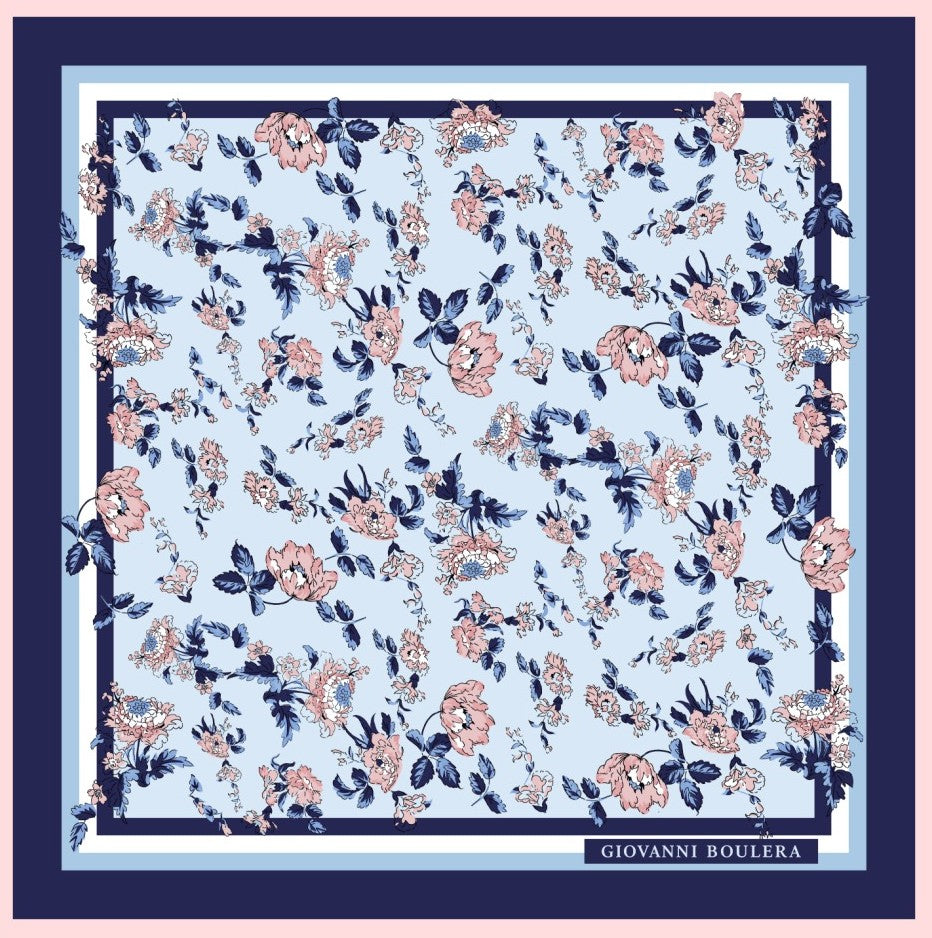 Mavi Çiçek Desenli İpek Eşarp Giovanni Boulera 4302865 65cmx65cm