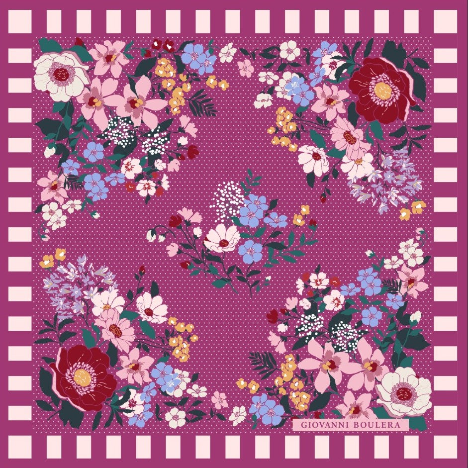 Mor,Çiçek Desenli Mulberry İpek Eşarp Giovanni Boulera 4303065 65cmx65cm