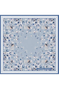 Blue Spring Floral Patterned, Double-Sided Print, Super Hand-Stitched, 16 mm 100% Mulberry Twill Silk Shawl, Scarf