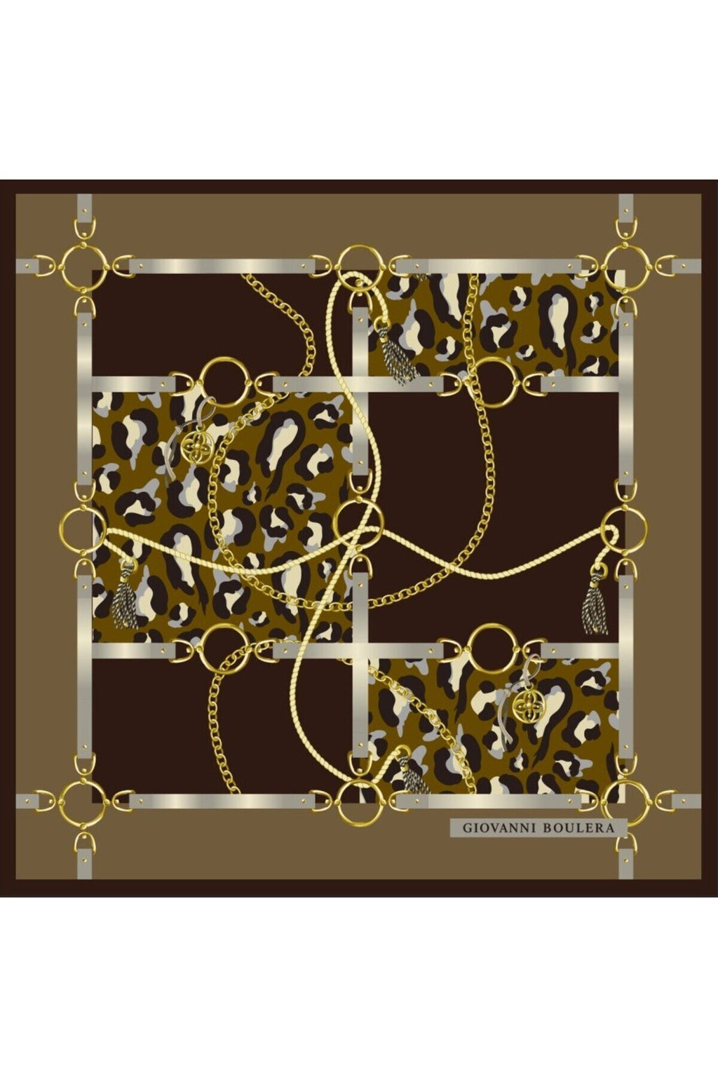 Leopar Desenli Altın Zincirli,Çift Taraf Baskı ,Süper El Dikişi,16 mm %100 Mulberry Twill İpek Şal