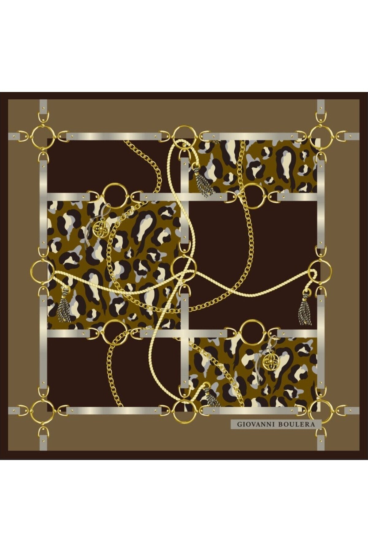 Leopar Desenli Altın Zincirli,Çift Taraf Baskı ,Süper El Dikişi,16 mm %100 Mulberry Twill İpek Şal