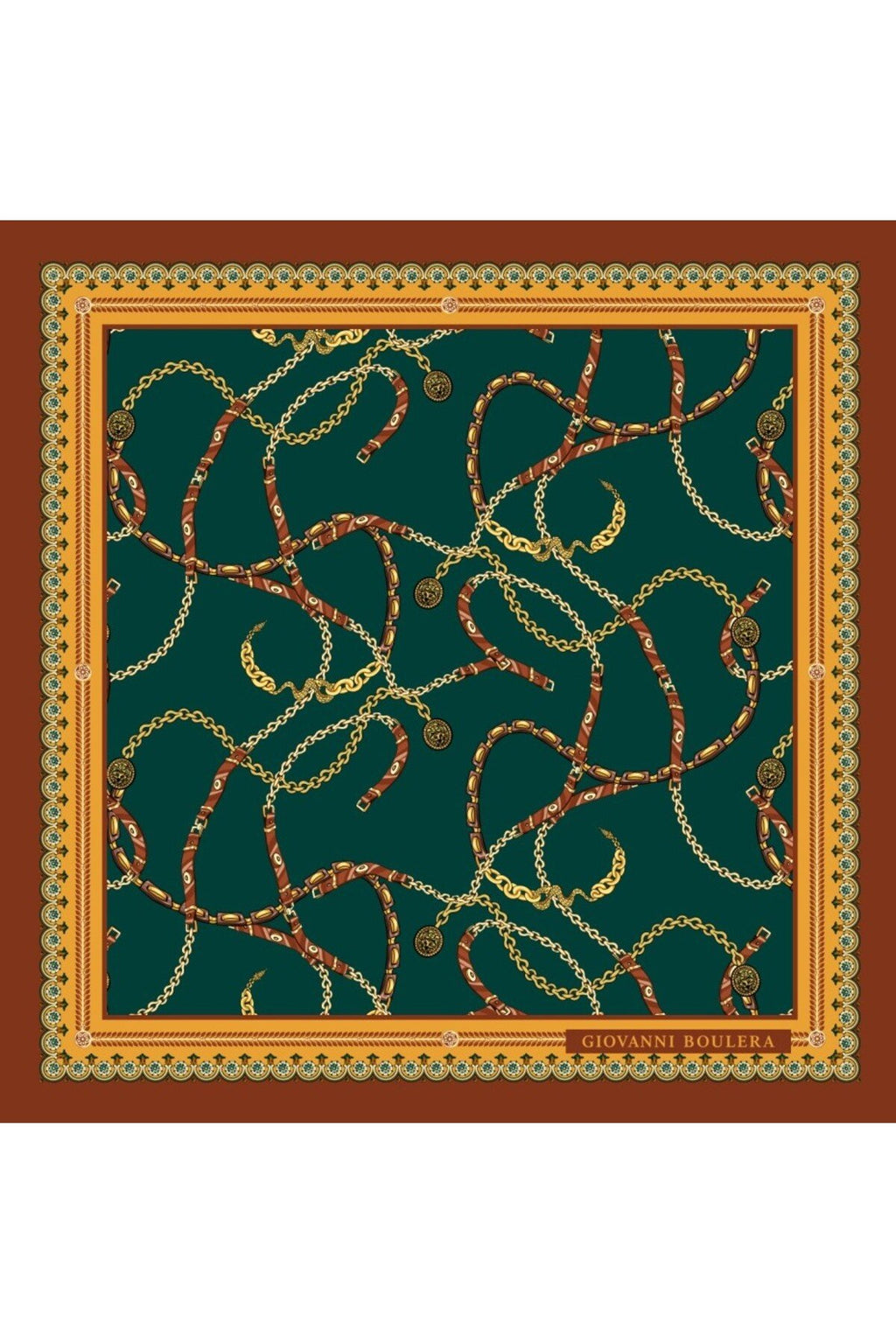 Petroleum Green and Chain Patterned,Double-Sided Print,Super Hand-Rolled Hem,16 mm Mulberry Twill Silk Shawl,Scarf