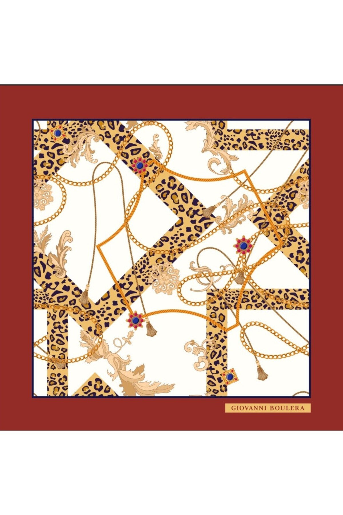 Leopar Zincir Desenli, Çift Taraf Baskı,Süper El Dikişi,16 mm Mulberry Twill İpek Şal Fular