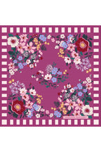 Women's Mulberry Twill Silk Scarf with Colorful Floral Pattern on a Purple Background