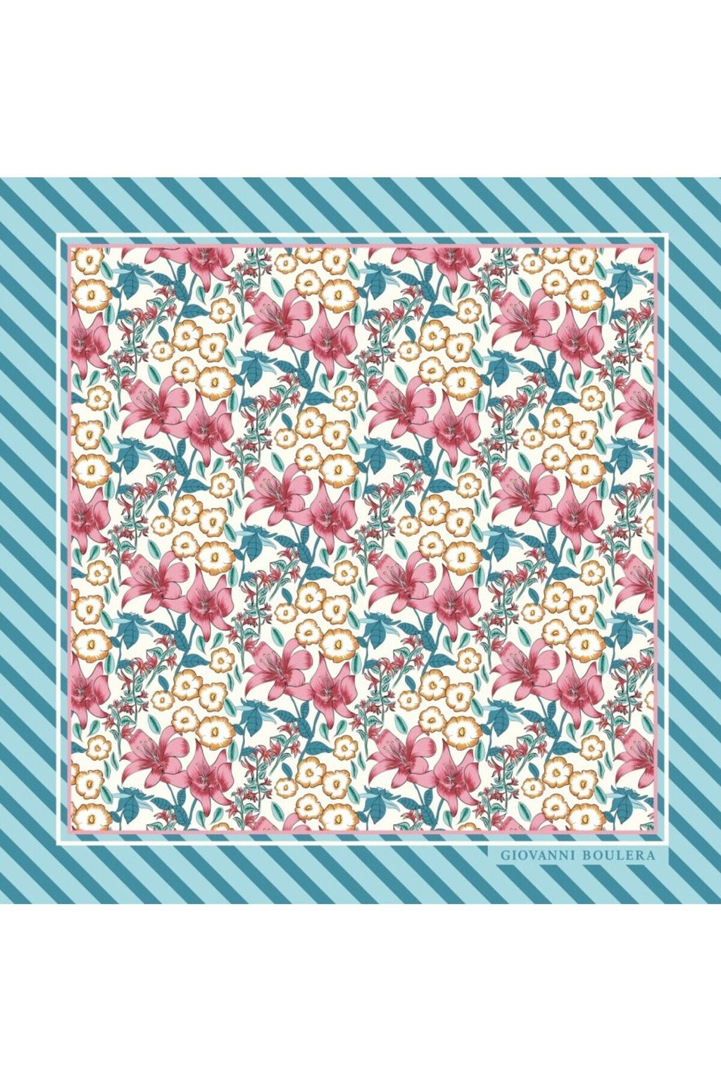 Mavi Çizgili,Çiçek Desenli,Çift Taraf Baskı,Süper El Dikişi,16 mm Mulberry Twill İpek Şal,Eşarp