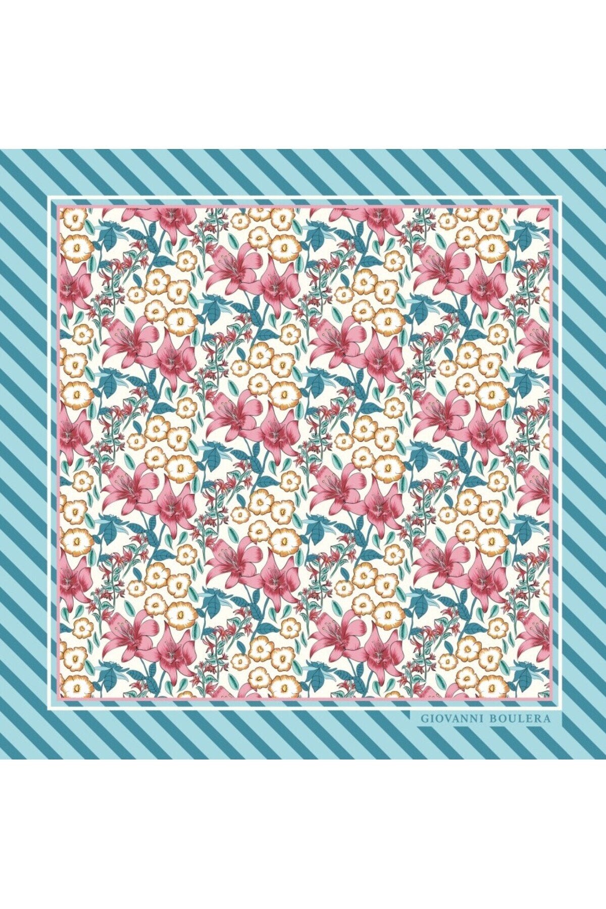 Mavi Çizgili,Çiçek Desenli,Çift Taraf Baskı,Süper El Dikişi,16 mm Mulberry Twill İpek Şal,Eşarp