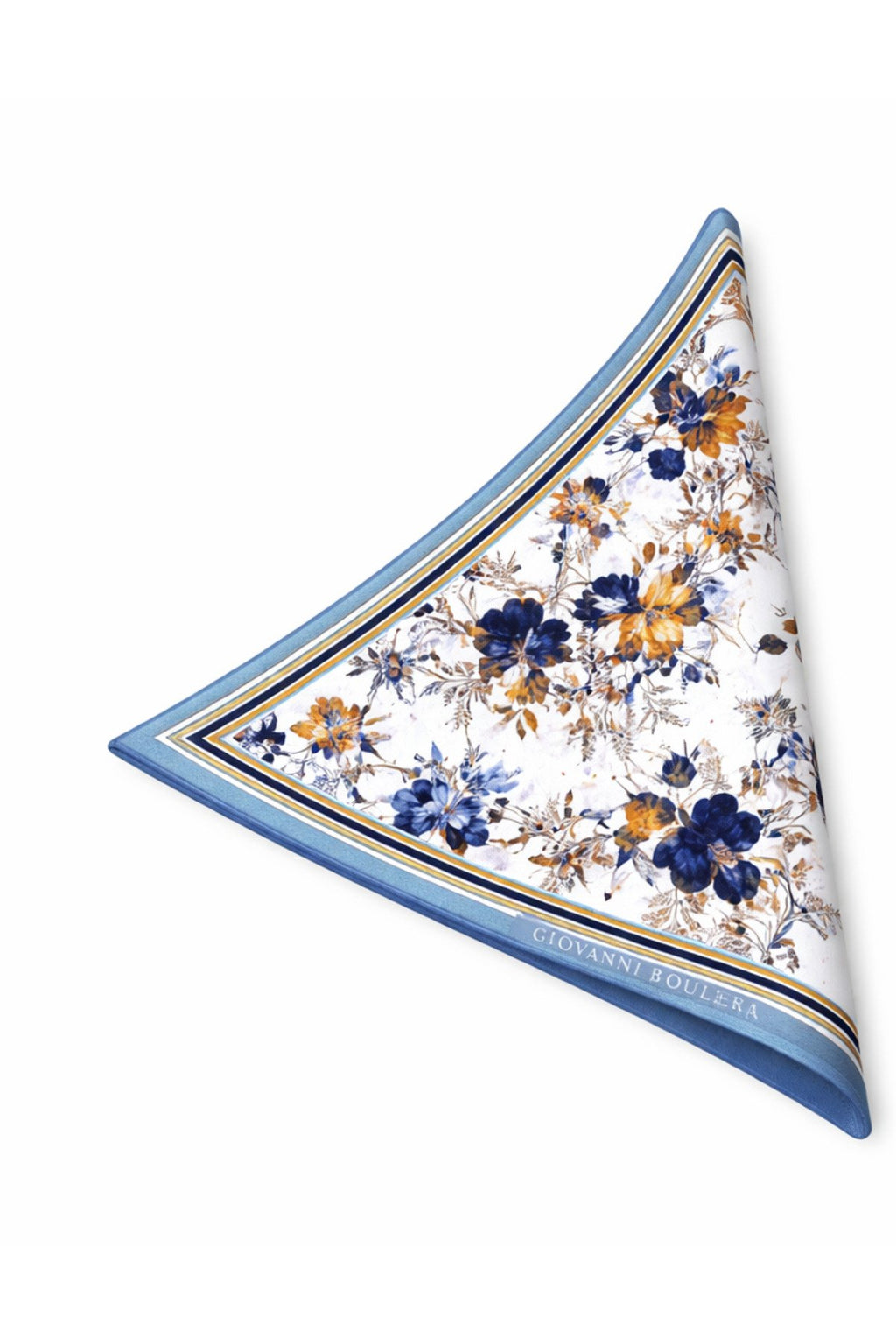 Mulberry Silk Twill Scarf with Floral Pattern on Light Blue Background