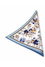 Mulberry Silk Twill Scarf with Floral Pattern on Light Blue Background