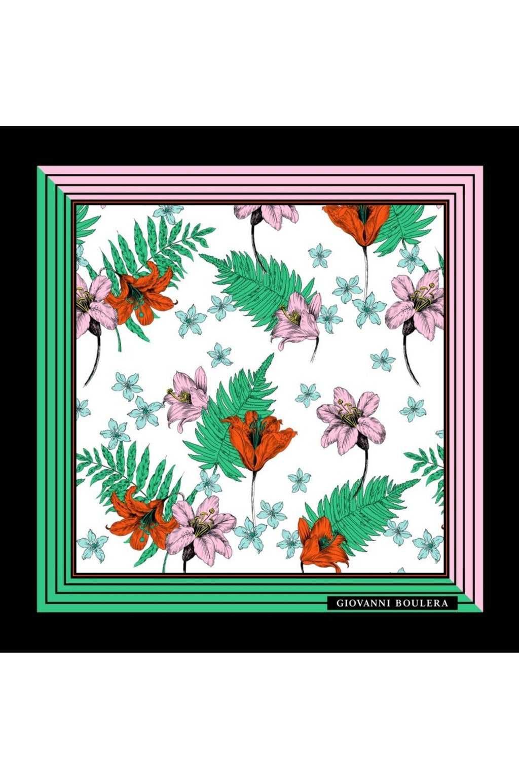Lilac Floral Pattern Mulberry Twill Silk Scarf with Green and Pink Frames
