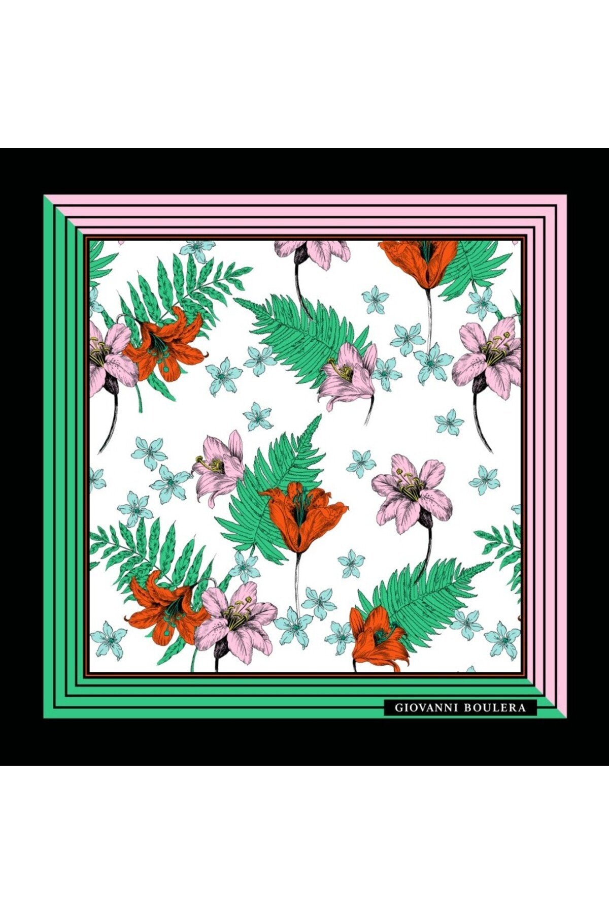 Lilac Floral Pattern Mulberry Twill Silk Scarf with Green and Pink Frames