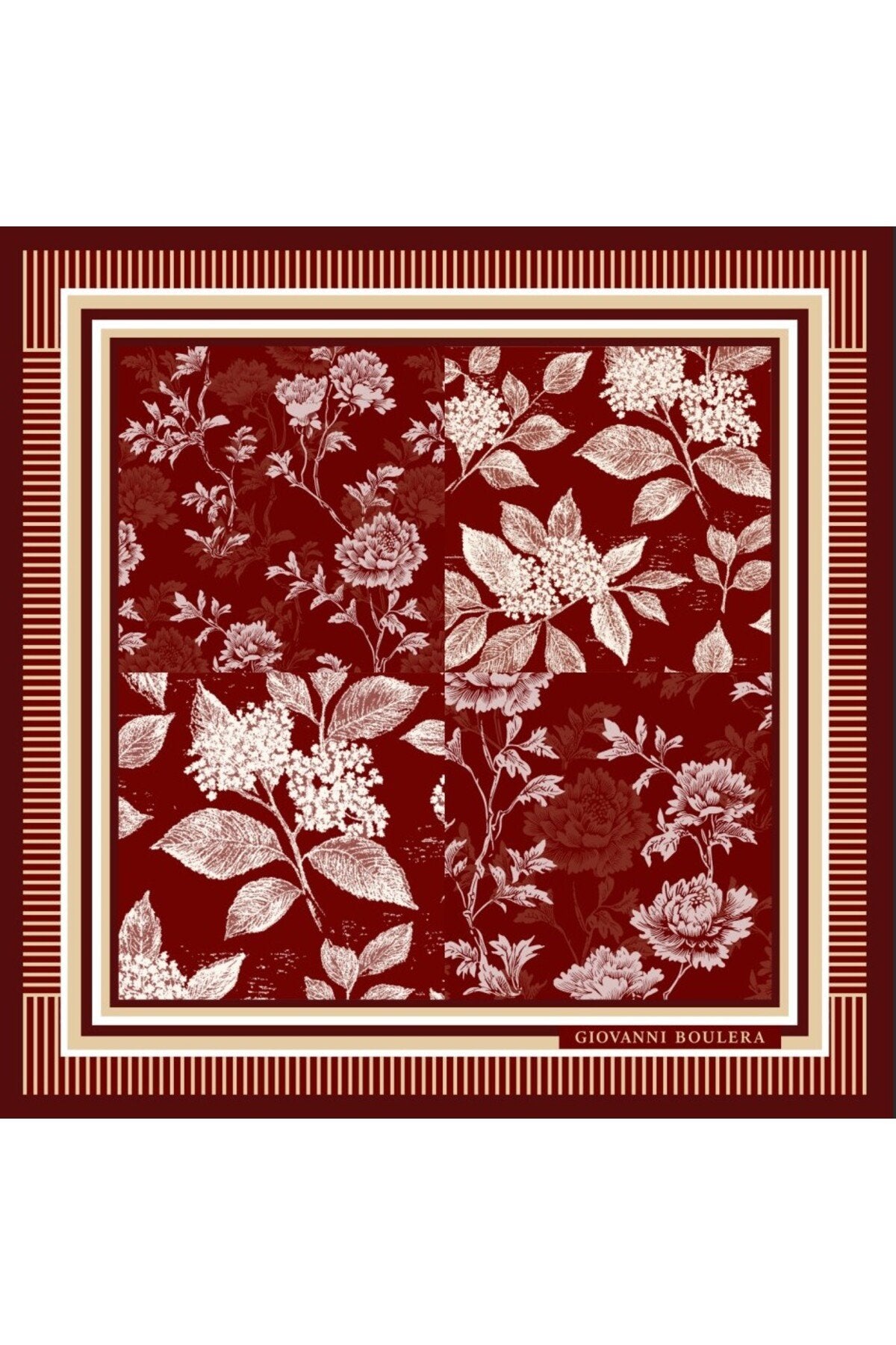 Floral Patterned Burgundy, Double-Sided Print, Super Hand-Stitched, 16mm 100% Mulberry Twill Silk Scarf