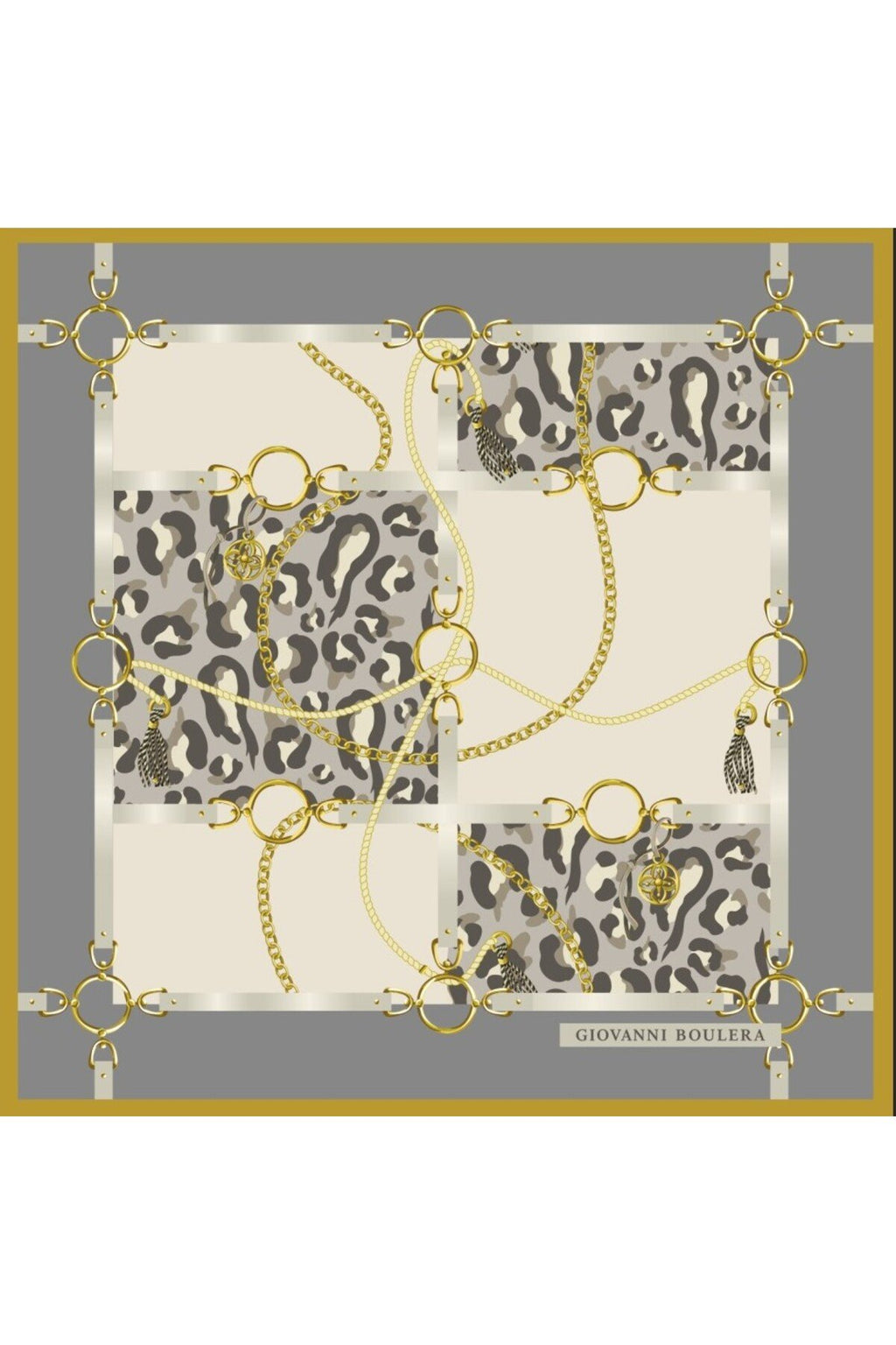 Leopar Desenli Altın Zincirli,Çift Taraf Baskı ,Süper El Dikişi,16 mm %100 Mulberry Twill İpek Şal