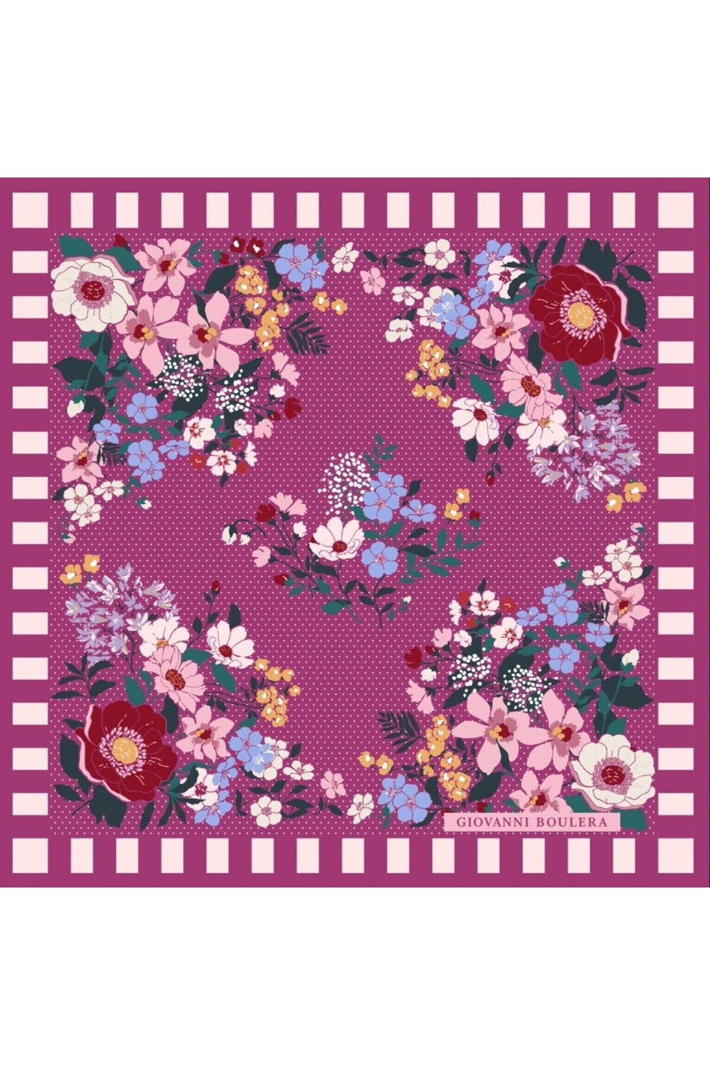 Women's Mulberry Twill Silk Scarf with Colorful Floral Pattern on a Purple Background