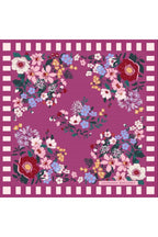 Women's Mulberry Twill Silk Scarf with Colorful Floral Pattern on a Purple Background