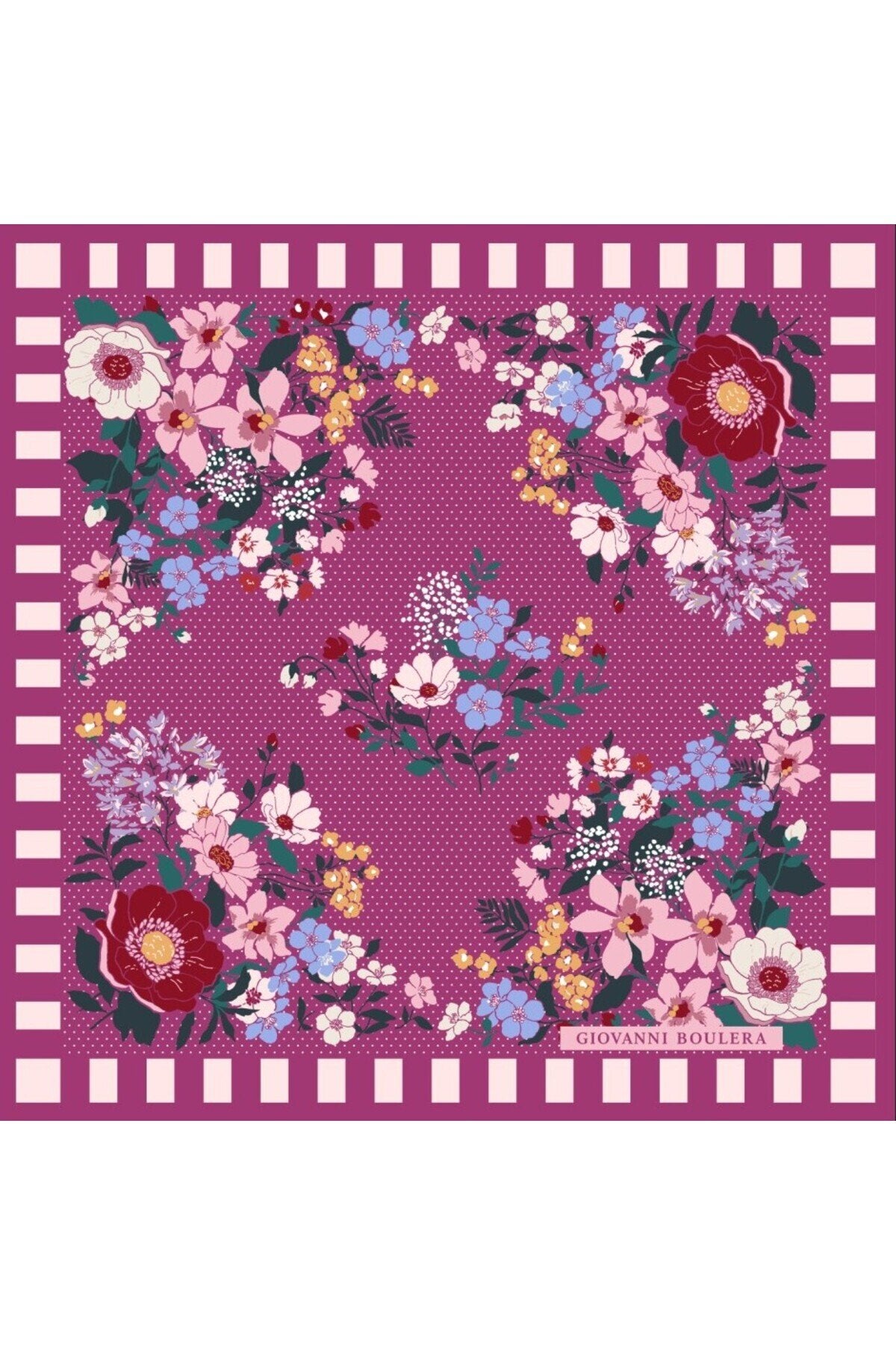 Women's Mulberry Twill Silk Scarf with Colorful Floral Pattern on a Purple Background