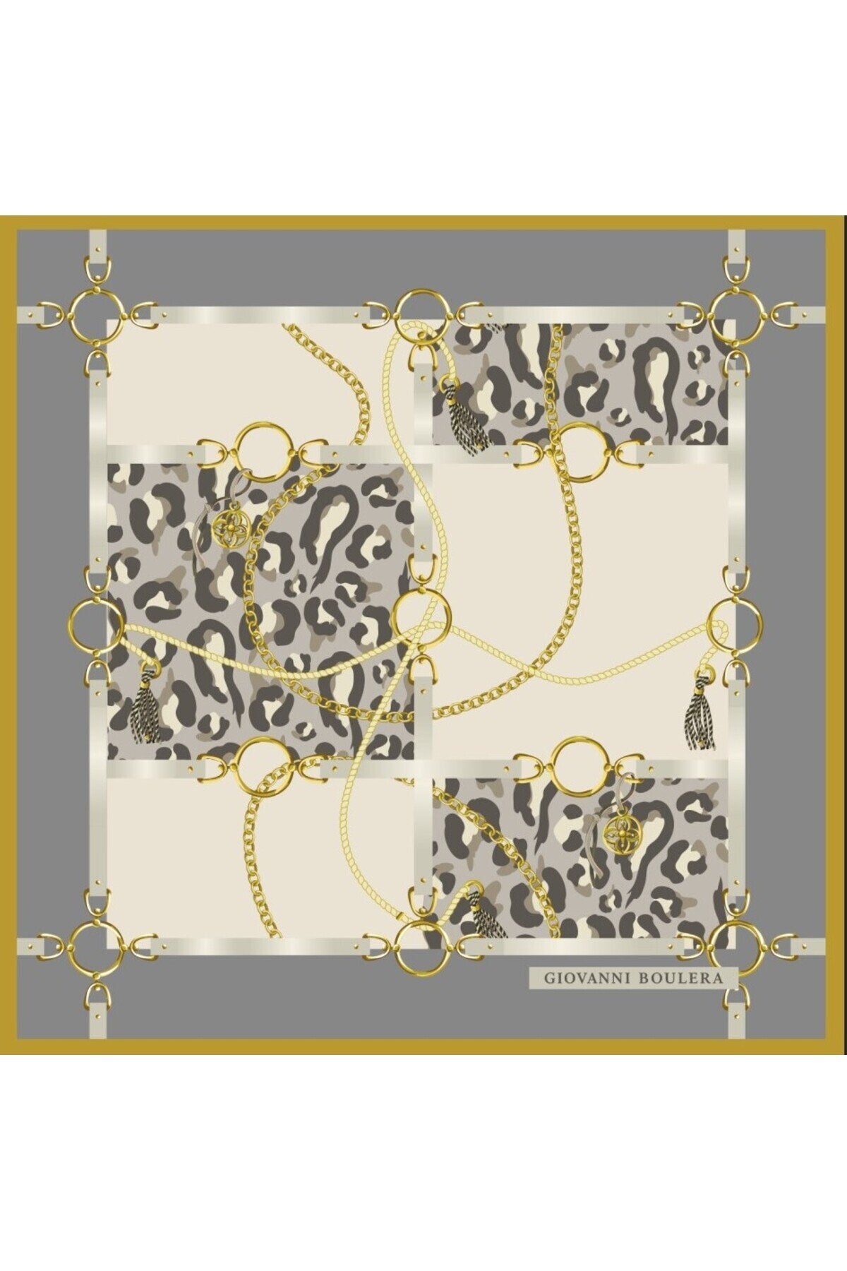 Leopar Desenli Altın Zincirli,Çift Taraf Baskı ,Süper El Dikişi,16 mm %100 Mulberry Twill İpek Şal