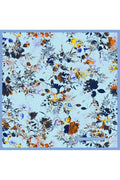 Mulberry Silk Twill Scarf with Floral Pattern on Light Blue Background