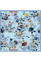 Mulberry Silk Twill Scarf with Floral Pattern on Light Blue Background