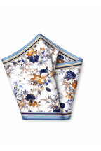 Mulberry Silk Twill Scarf with Floral Pattern on Light Blue Background