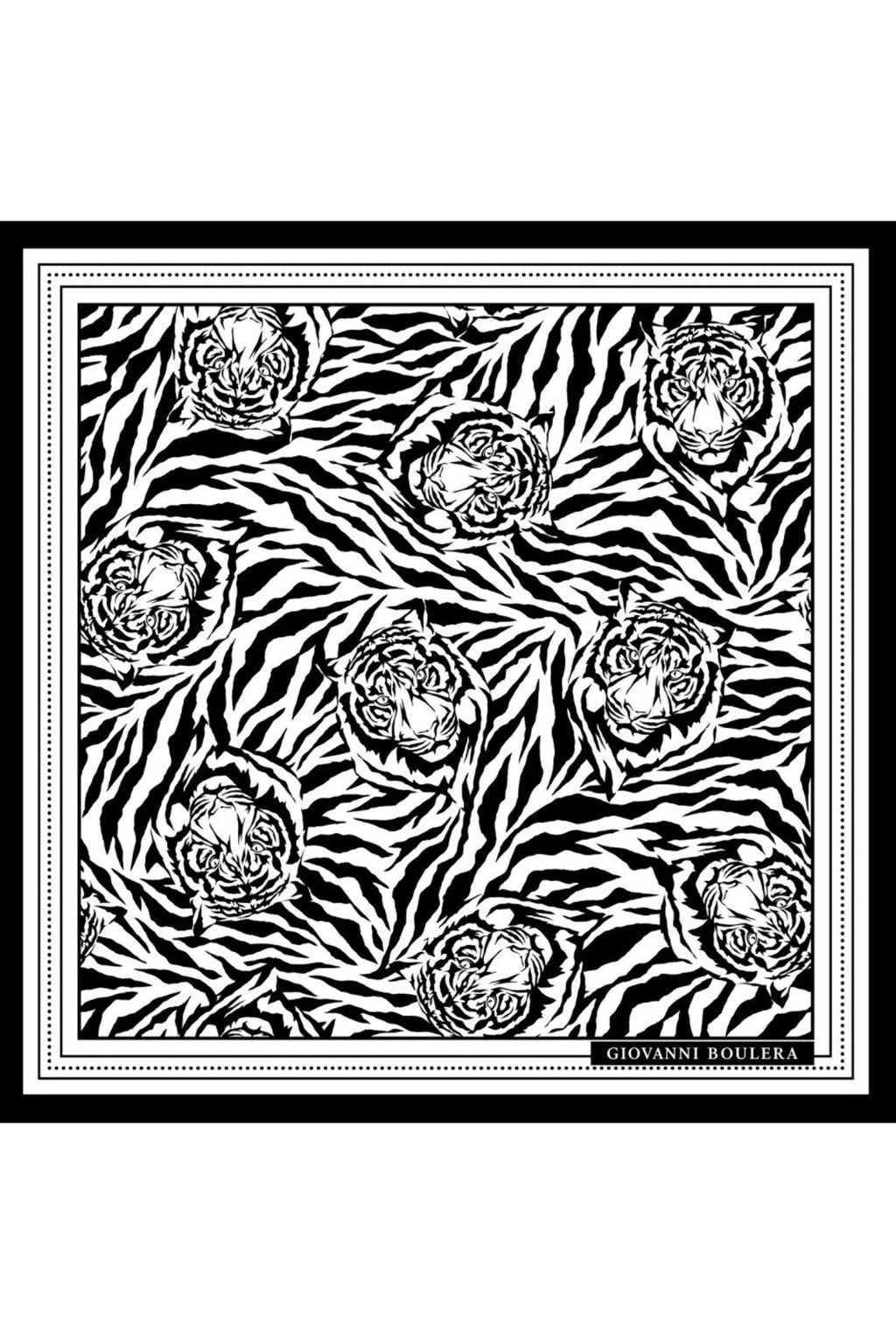 Kaplan Figürü ile Tasarlanmış Sİyah ve Beyaz Desenli Mulberry Twill İpek Eşarp Şal