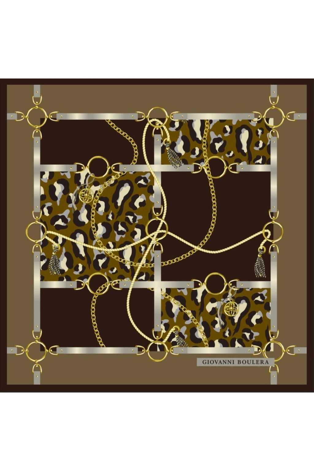 Brown Chain Pattern Square, Double-Sided Print, Super Hand-Stitched, 16mm 100% Mulberry Twill Silk Scarf