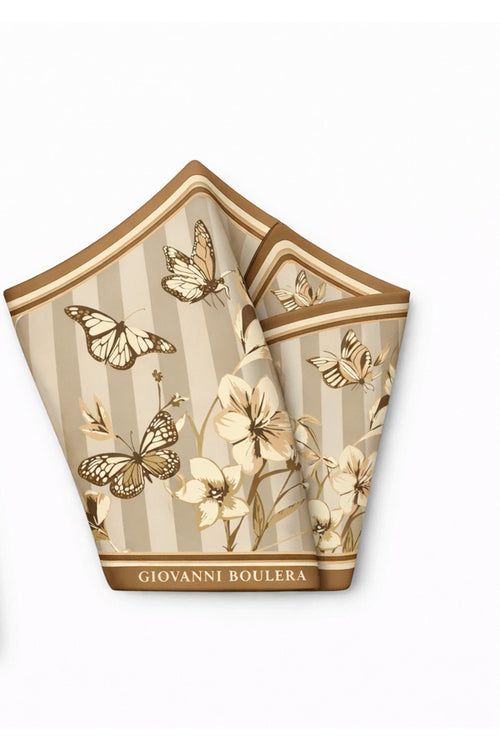 Butterfly and Floral Patterned, Double-Sided Print, Super Hand-Stitched, 16 mm 100% Mulberry Twill Silk Scarf