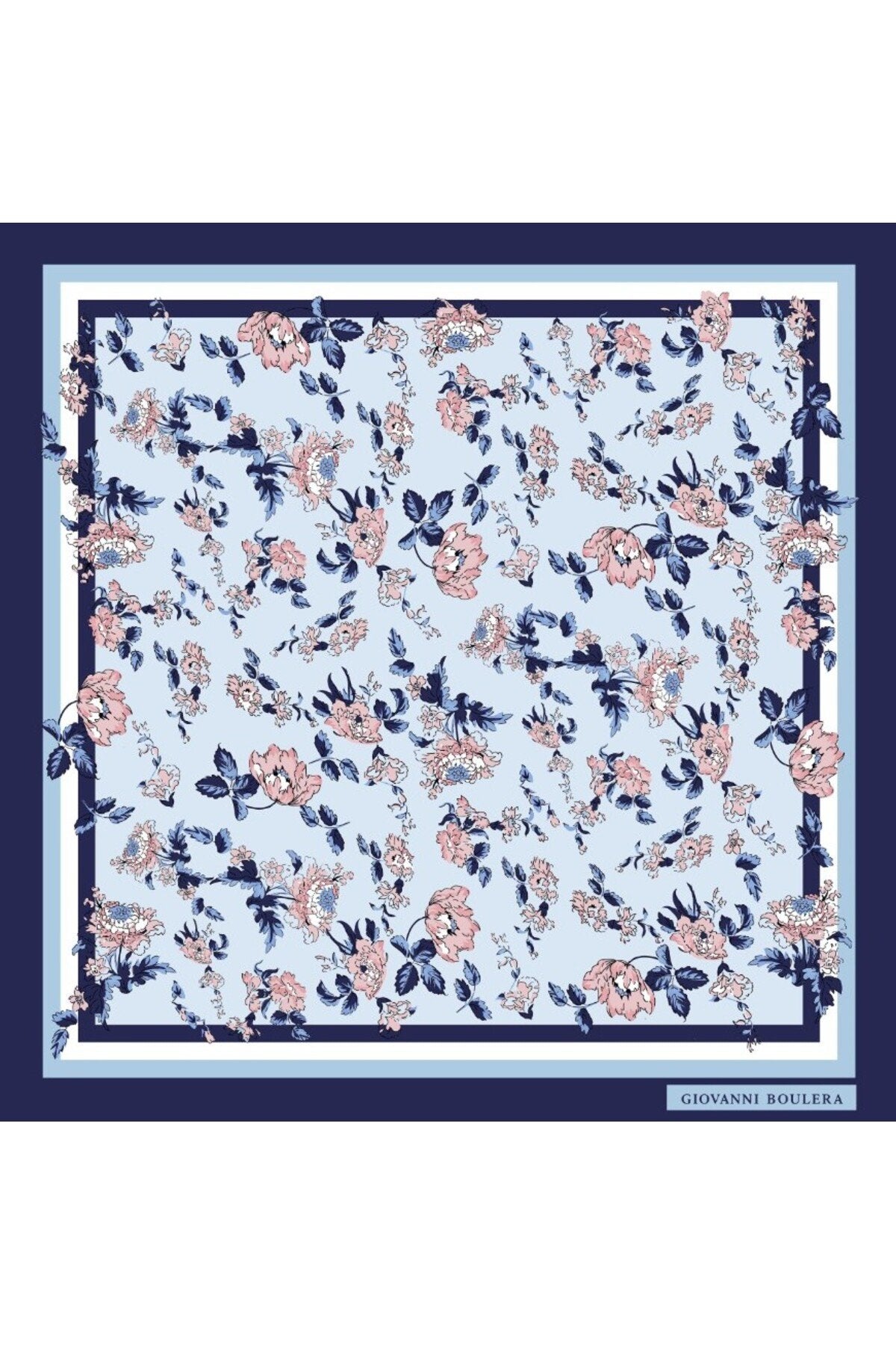 Mavi Tonlu Çiçek Desenli Çift Taraf Baskı ,Süper El Dikişi,16 mm %100 Mulberry Twill İpek Eşarp