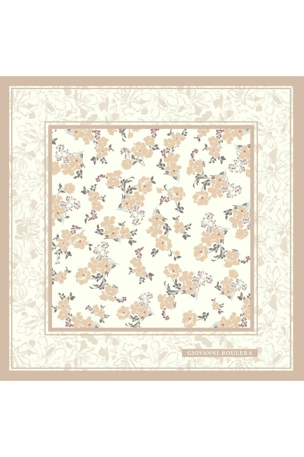 Cream Base Floral Pattern Double-Sided Print, Super Hand-Rolled Hem, 16mm Mulberry Twill Silk Scarf