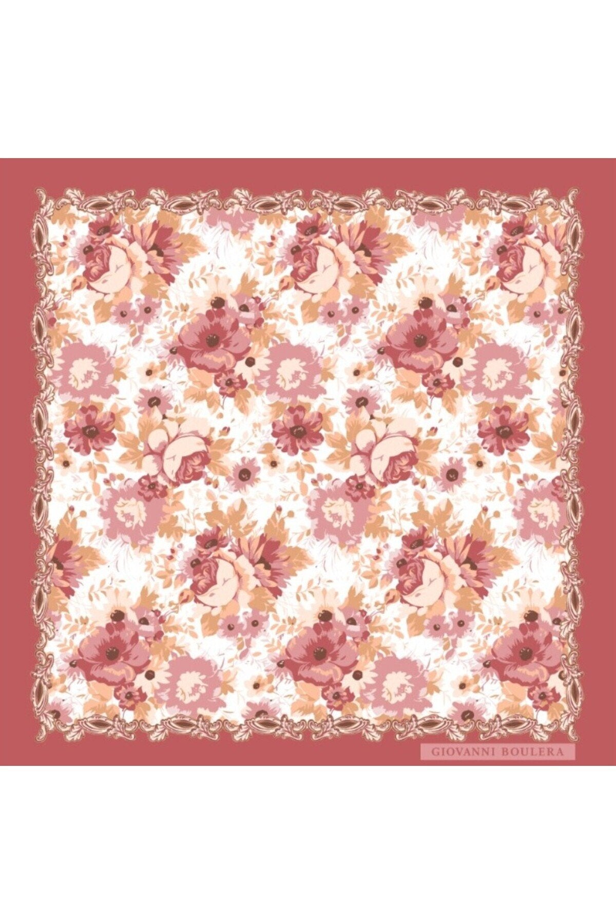 Pembe Çiçek Desenli Mulberry Twill İpek Fular 4100665-F 65cmx65cm