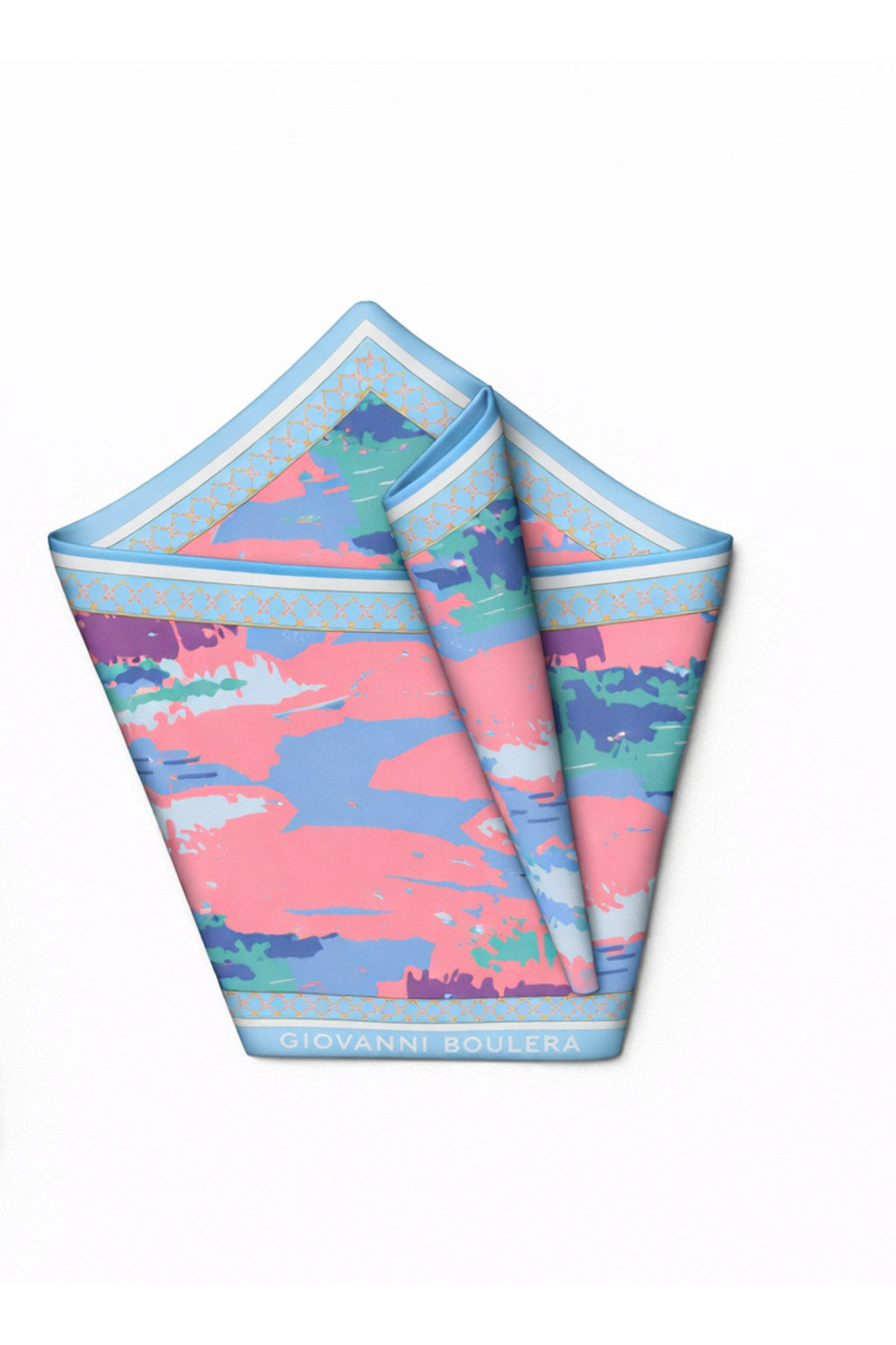 Blue Pink Patterned, Double-Sided Print, Super Hand Stitched, 16 mm Mulberry Twill Silk Shawl, Scarf