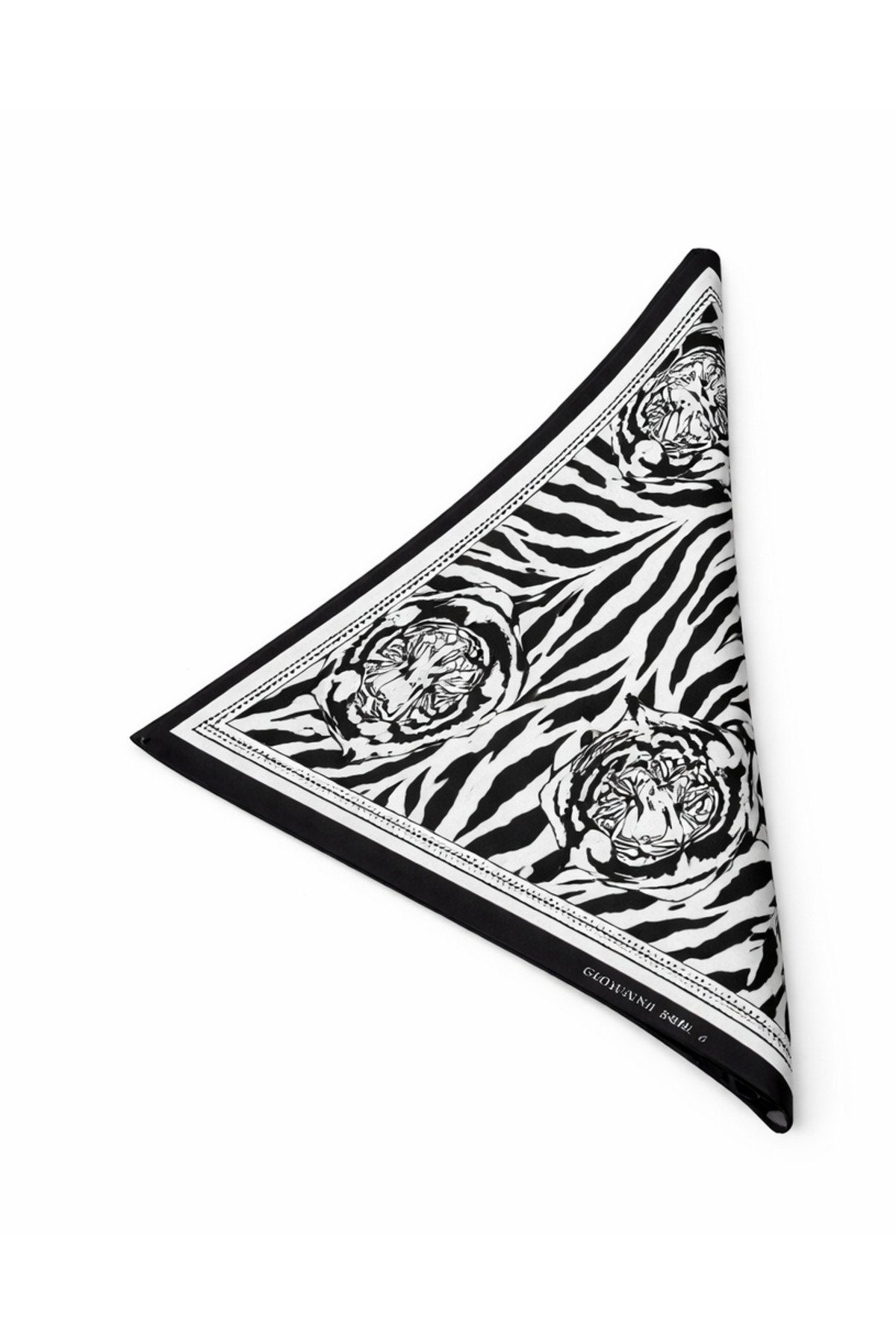 Kaplan Figürü ile Tasarlanmış Sİyah ve Beyaz Desenli Mulberry Twill İpek Eşarp Şal