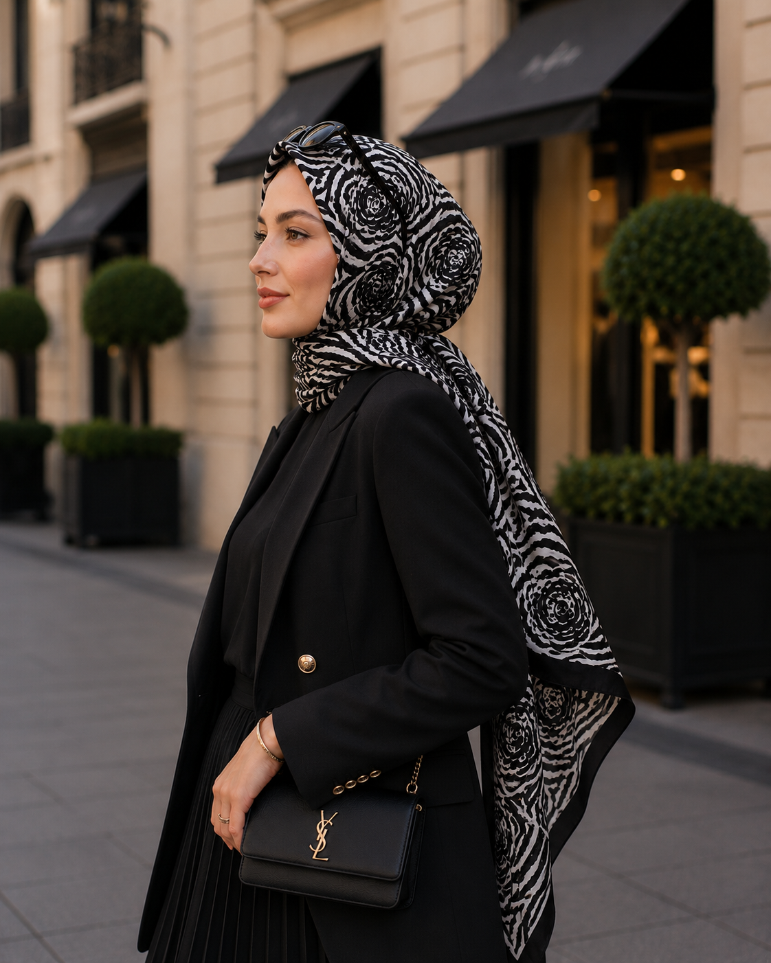 Siyah kaplan premium tonlarıyla tasarlanan bu seçkin eşarp, etkileyici desenleri ve büyüleyici figürleriyle sofistike bir görünüm sunar. Güçlü renk geçişleri ve modern detaylarla zenginleştirilen tasarımı, stiline zarafet katmak isteyen kadınlar için benzersiz bir seçim oluşturur.

Yüksek kaliteli kumaşı sayesinde son derece yumuşak, hafif ve konforlu bir kullanım sağlayan bu özel aksesuar; günlük kombinlerden davet şıklığına kadar her stile kusursuz şekilde uyum sağlar. 90 cm x 90 cm ölçülerinde