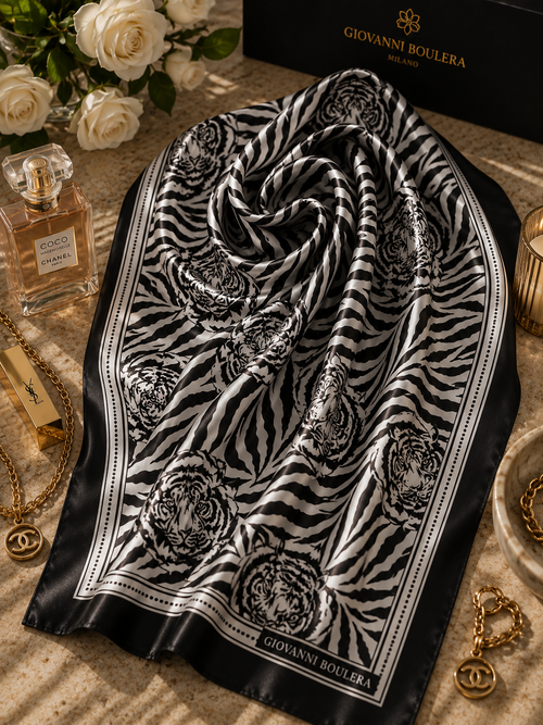 Siyah kaplan premium tonlarıyla tasarlanan bu seçkin eşarp, etkileyici desenleri ve büyüleyici figürleriyle sofistike bir görünüm sunar. Güçlü renk geçişleri ve modern detaylarla zenginleştirilen tasarımı, stiline zarafet katmak isteyen kadınlar için benzersiz bir seçim oluşturur.

Yüksek kaliteli kumaşı sayesinde son derece yumuşak, hafif ve konforlu bir kullanım sağlayan bu özel aksesuar; günlük kombinlerden davet şıklığına kadar her stile kusursuz şekilde uyum sağlar. 90 cm x 90 cm ölçülerinde