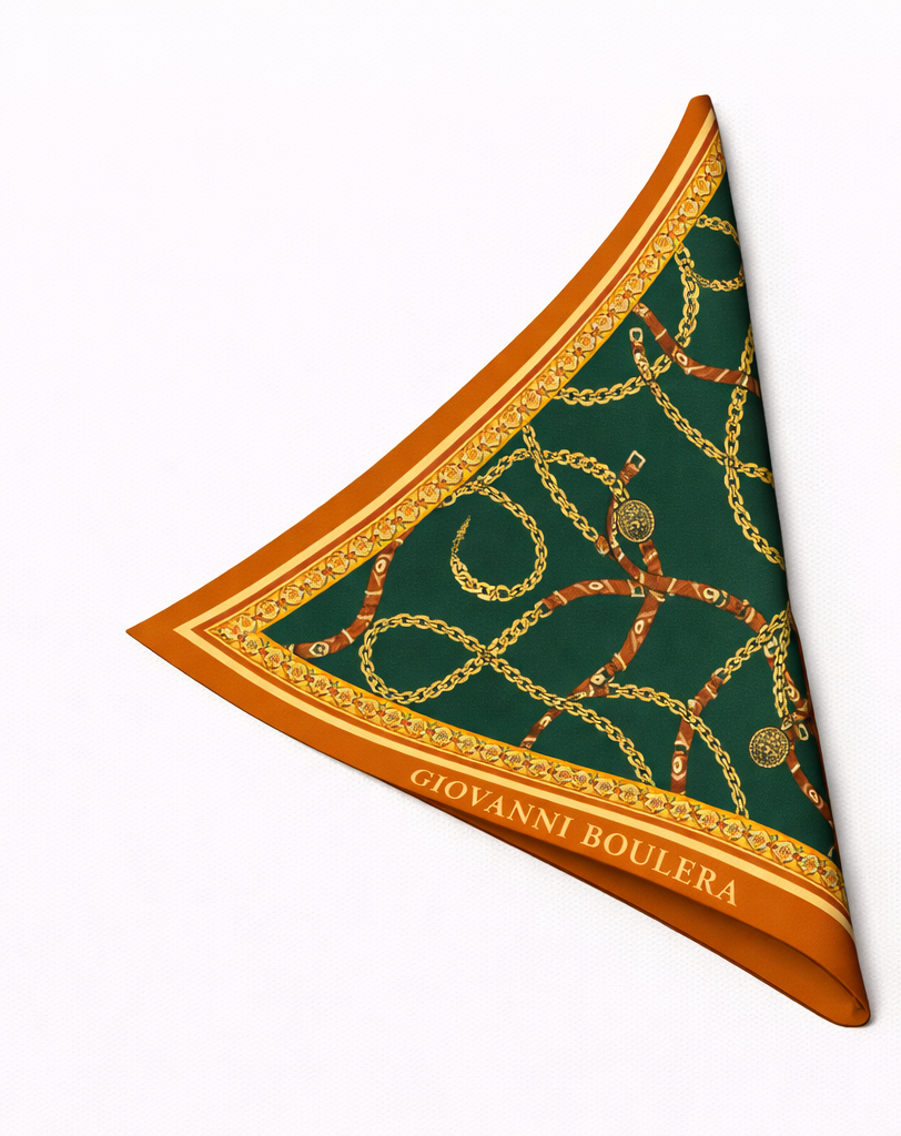 Petrol Yeşili Altın Zincirli  Mulberry Twill  İpek Eşarp Giovanni Boulera 4304665 65cmx65cm